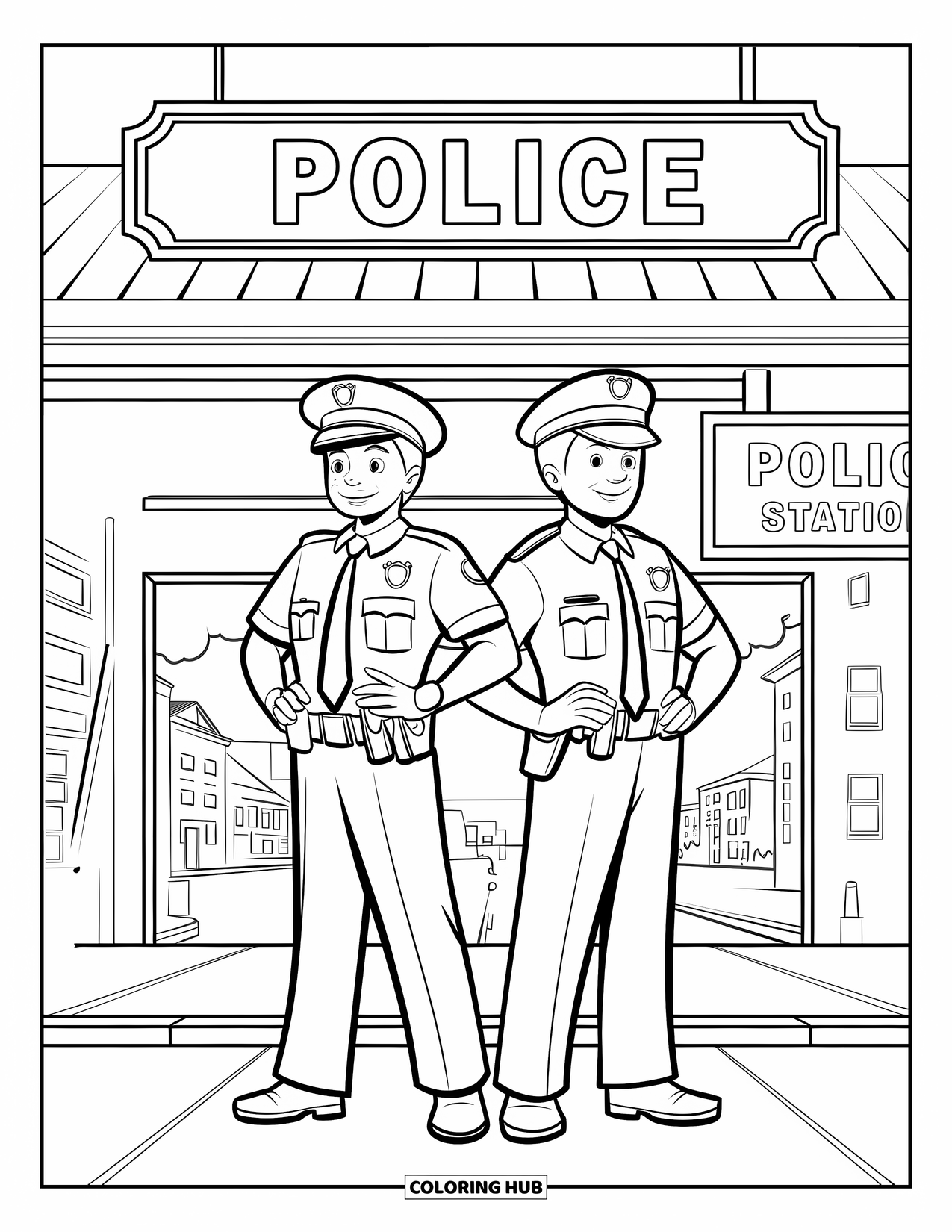 Police Officer Coloring Page for Kids: Officers in uniform standing together outside a police station