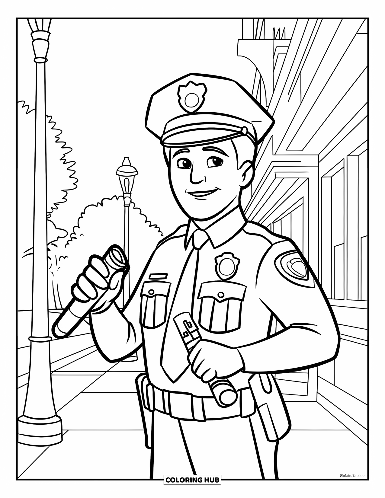 Police Officer Coloring Page for Kids: Police officer holding a flashlight and whistle on a sidewalk