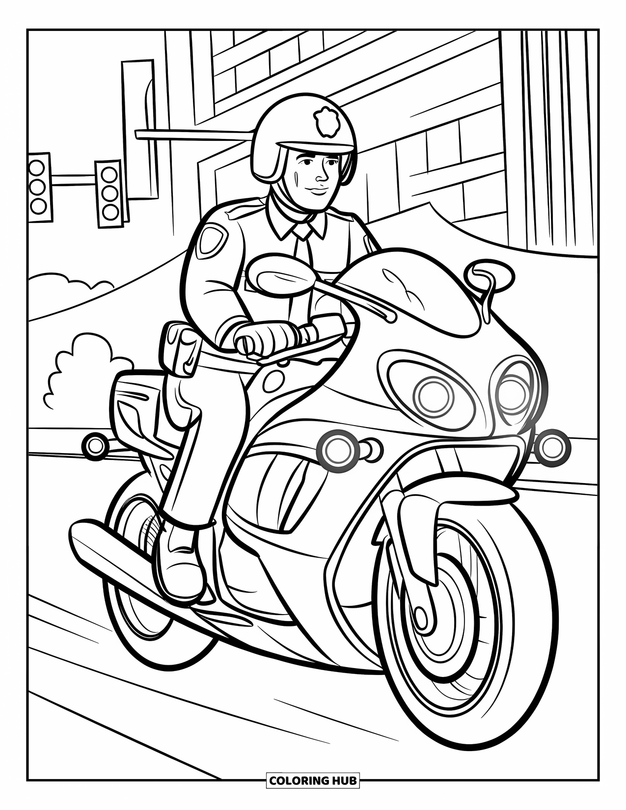 Police Officer Coloring Page for Kids: Police officer on a motorcycle with flashing lights in the city