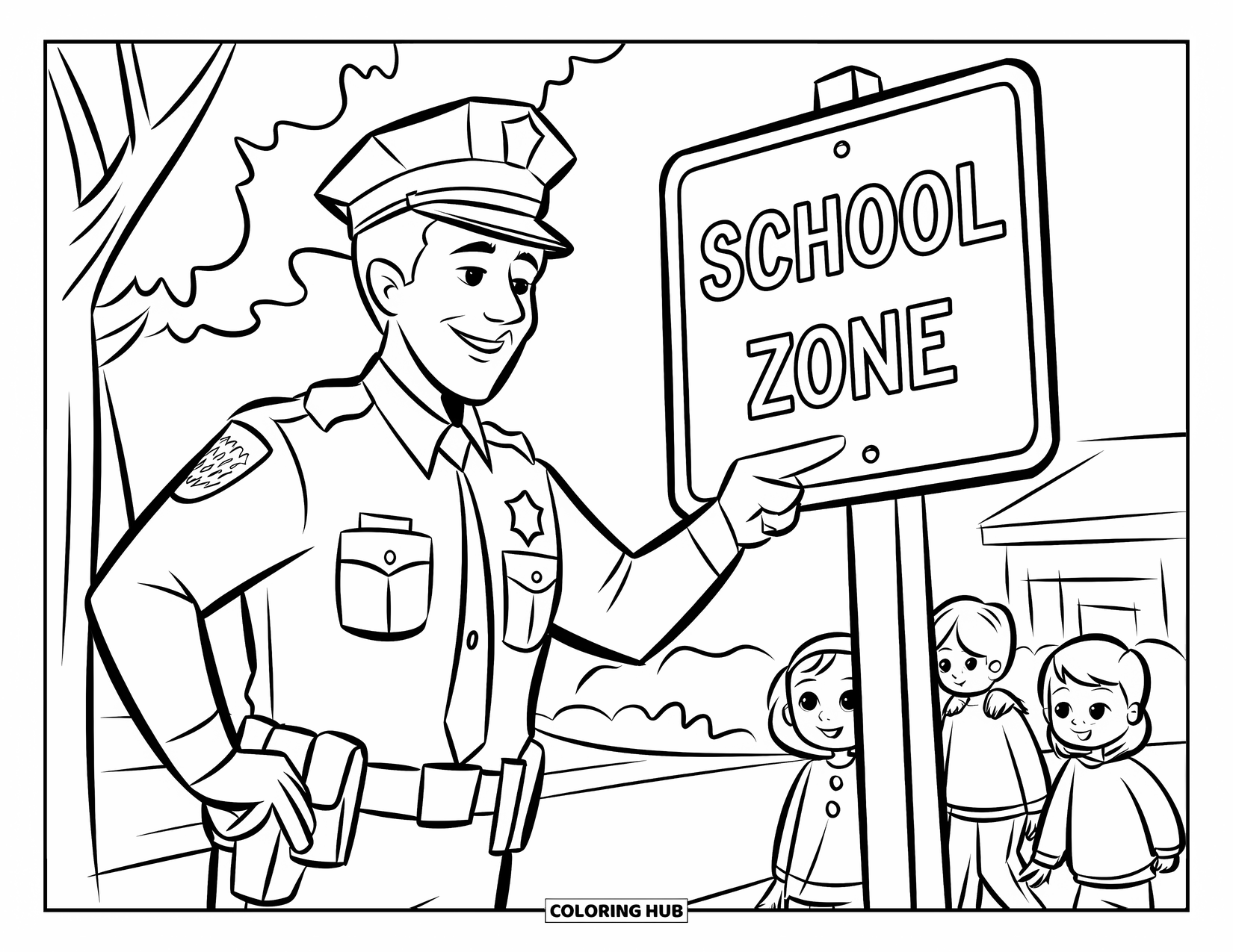 Police Officer Coloring Page for Kids: Police officer pointing to a School Zone sign with children nearby