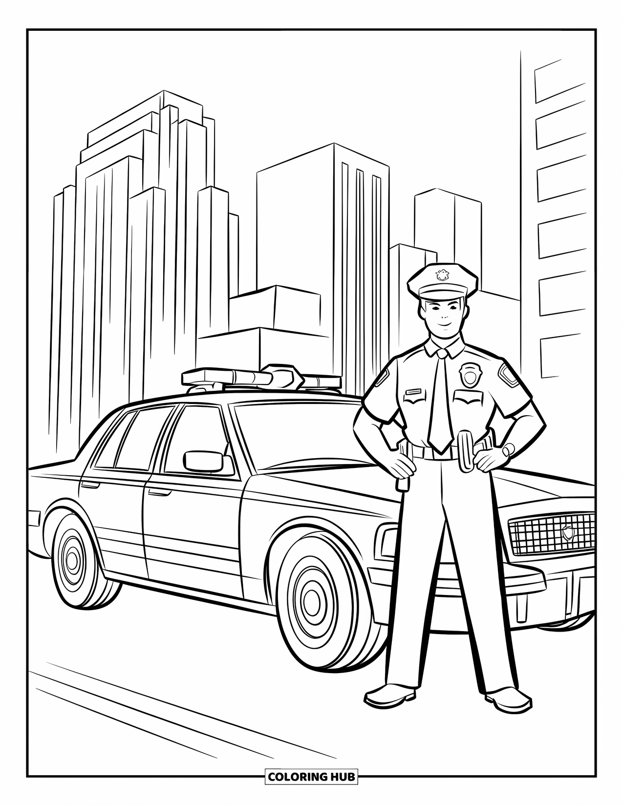 Police Officer Coloring Page for Kids: Police officer standing beside a patrol car with skyscrapers behind