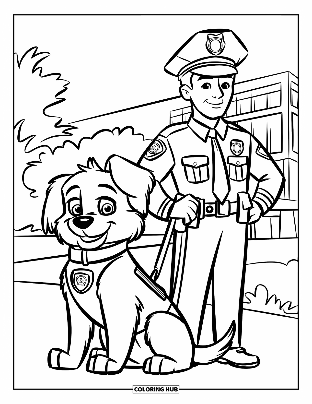 Police Officer Coloring Page for Kids: Police officer standing with a friendly police dog beside him