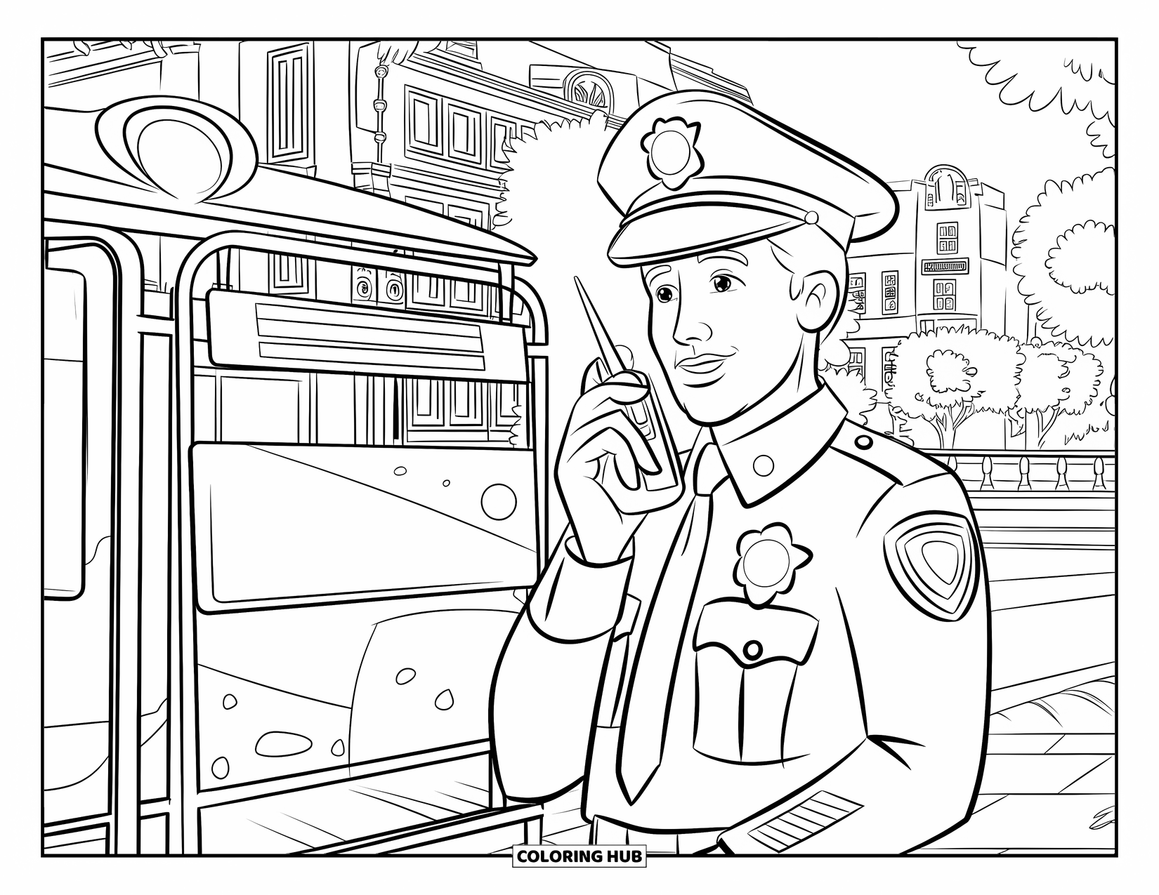 Police Officer Coloring Page for Kids: Police officer talking into a radio near a busy bus stop