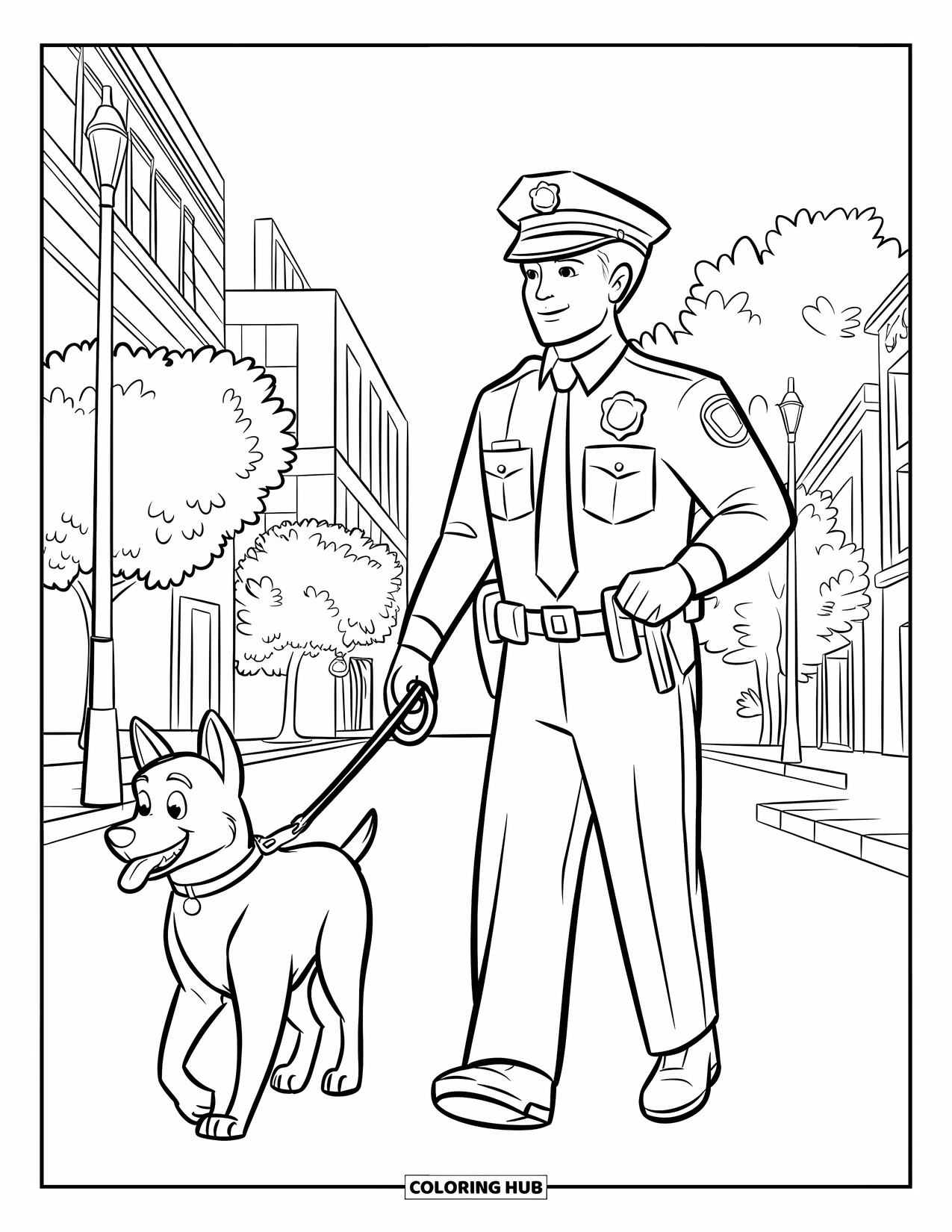 Police Officer Coloring Page for Kids: Police officer walking a dog on a leash along a city street