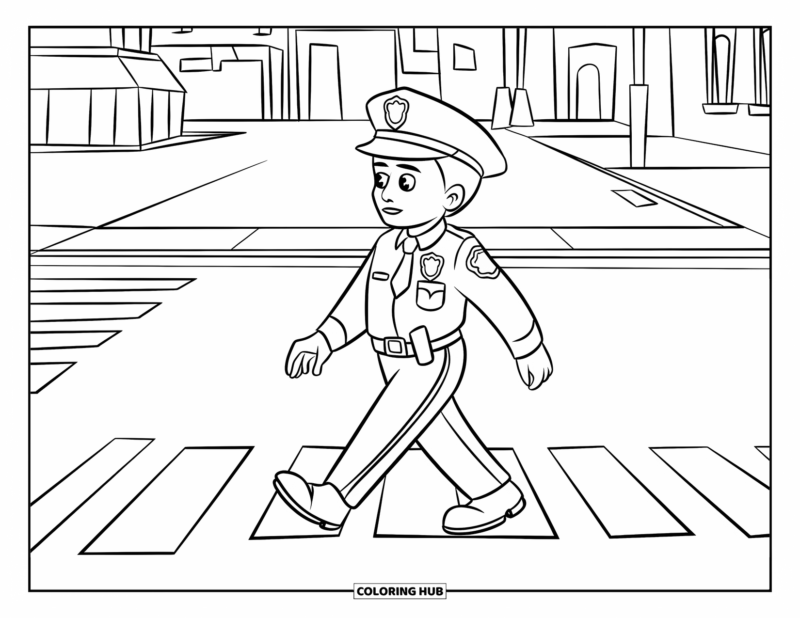 Police Officer Coloring Page for Kids: Police officer walking across a crosswalk with buildings behind