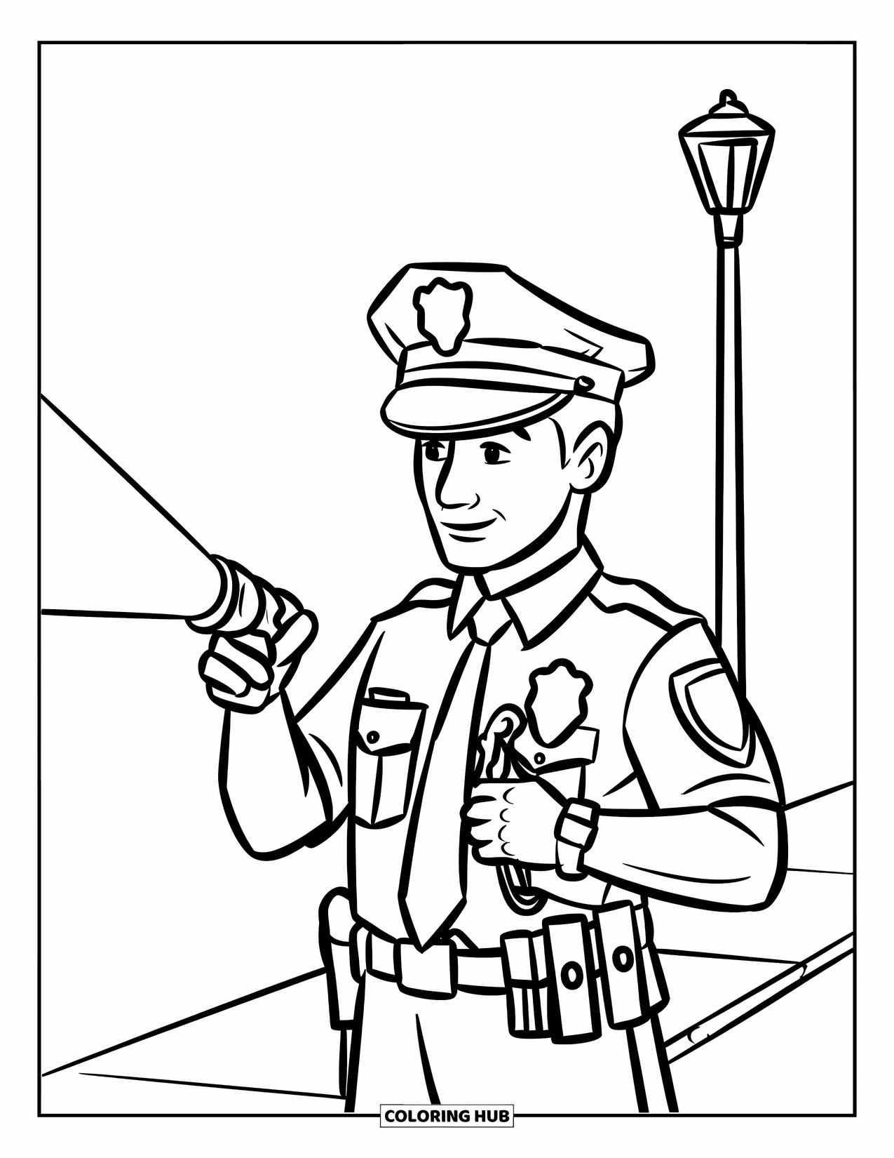 Police Officer Coloring Page for Kids: Police officer with flashlight and whistle standing by a street lamp