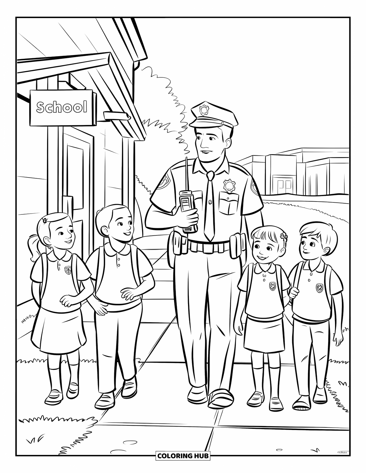 Police Officer Coloring Page for Kids: Police officer with students outside a school building
