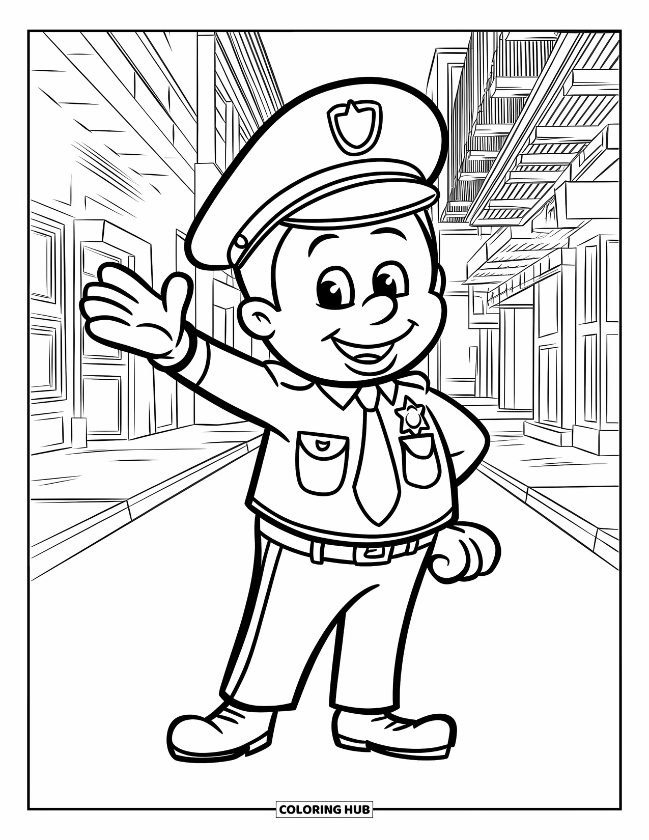 Police Officer Coloring Page for Kids: Smiling officer waving on a city street with buildings