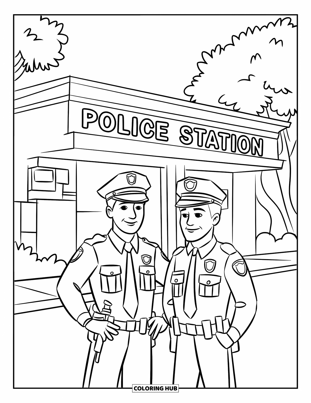Police Officer Coloring Page for Kids: Two officers by a police station sign with nearby trees
