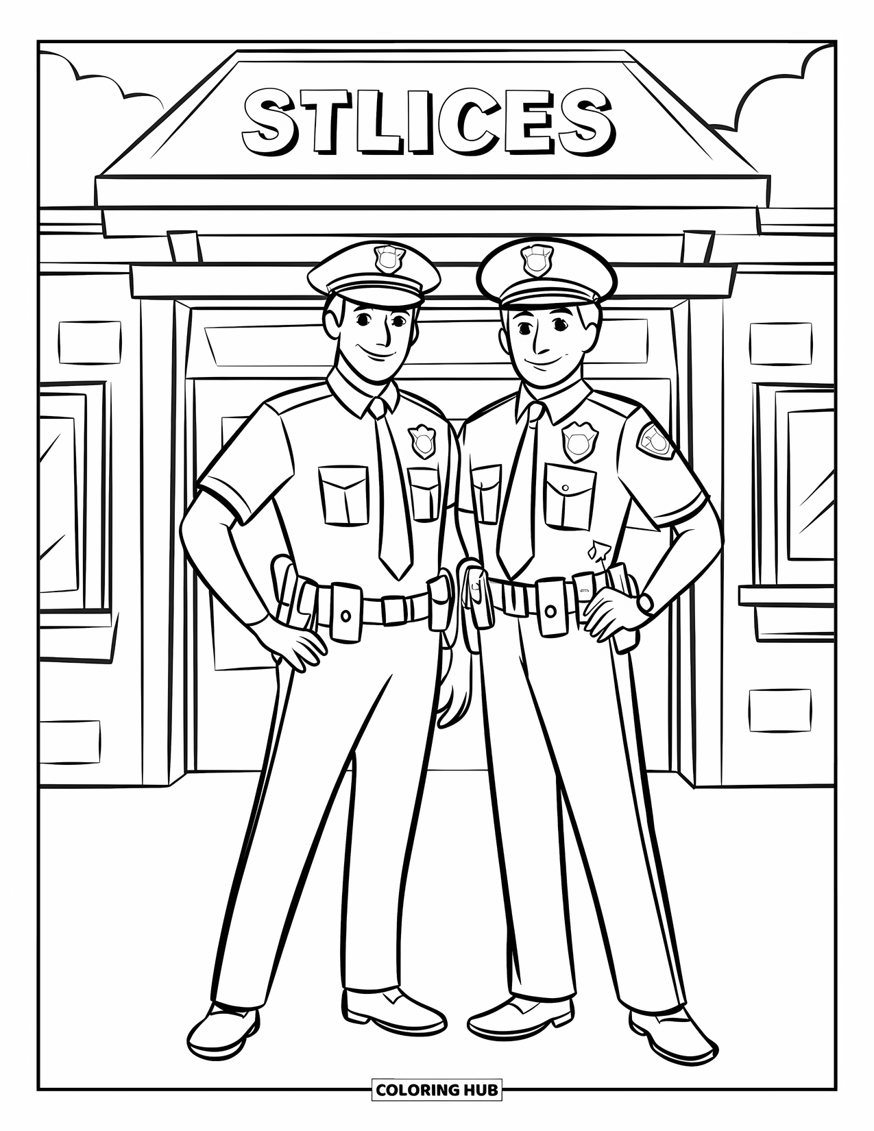 Police Officer Coloring Page for Kids: Two police officers standing in front of a police station