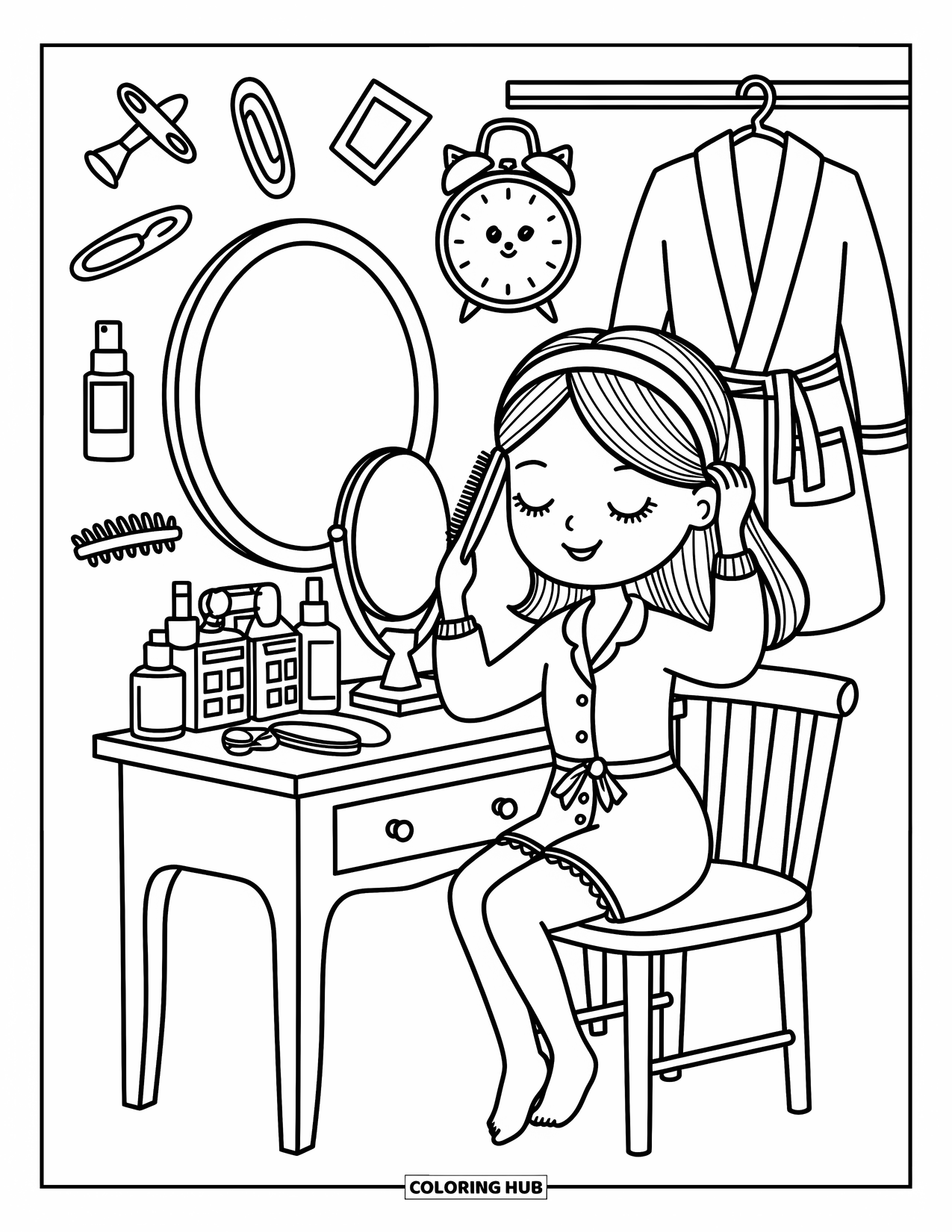 Preppy Girl Coloring Page for Adults: Preppy girl brushing hair at a vanity with clips and skincare