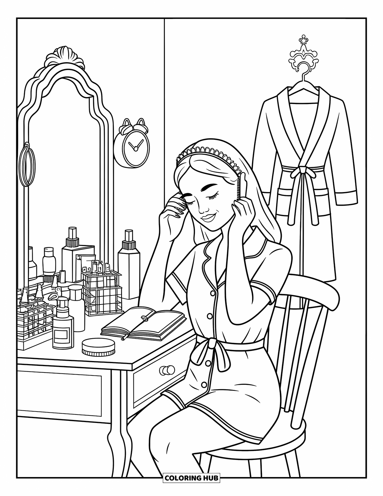 Preppy Girl Coloring Page for Adults: Preppy girl brushing hair at vanity with cat-shaped clock and planner