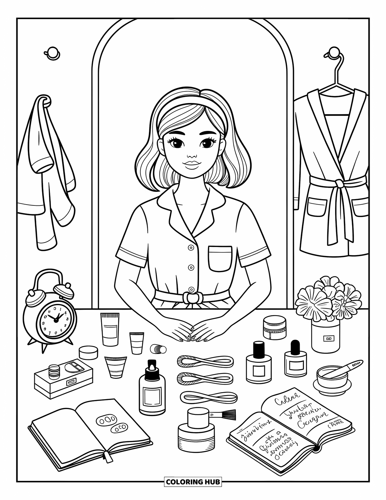 Preppy Girl Coloring Page for Adults: Preppy girl in pajama dress brushing hair at a vanity table