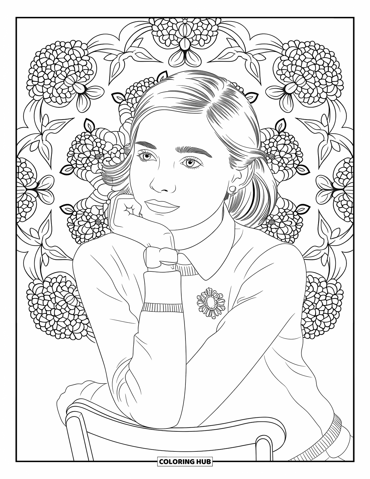 Preppy Girl Coloring Page for Adults: Preppy girl in sweater with brooch framed by floral mandala patterns
