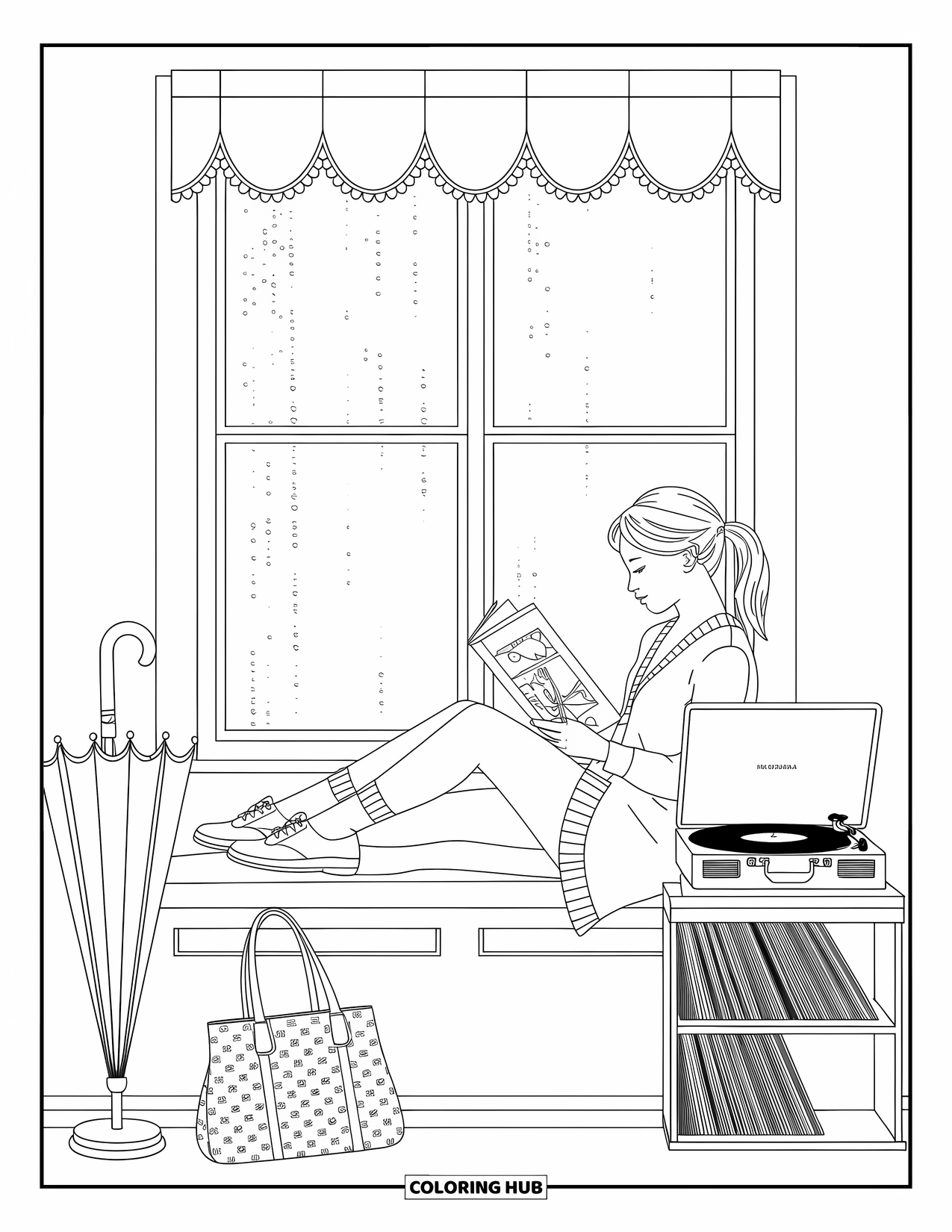 Preppy Girl Coloring Page for Adults: Preppy girl seated on a window bench reading near raindrop-covered glass