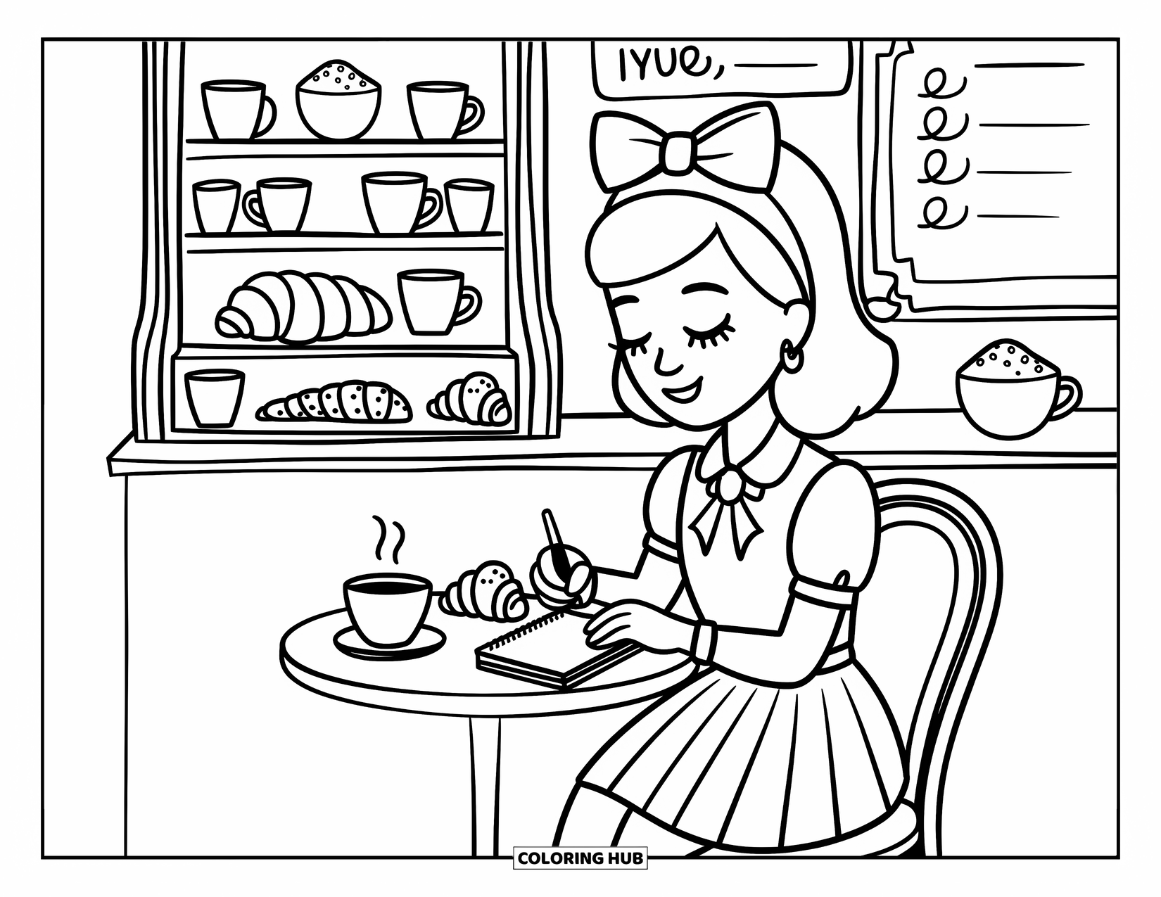 Preppy Girl Coloring Page for Adults: Preppy girl sketching in planner with croissant and coffee nearby