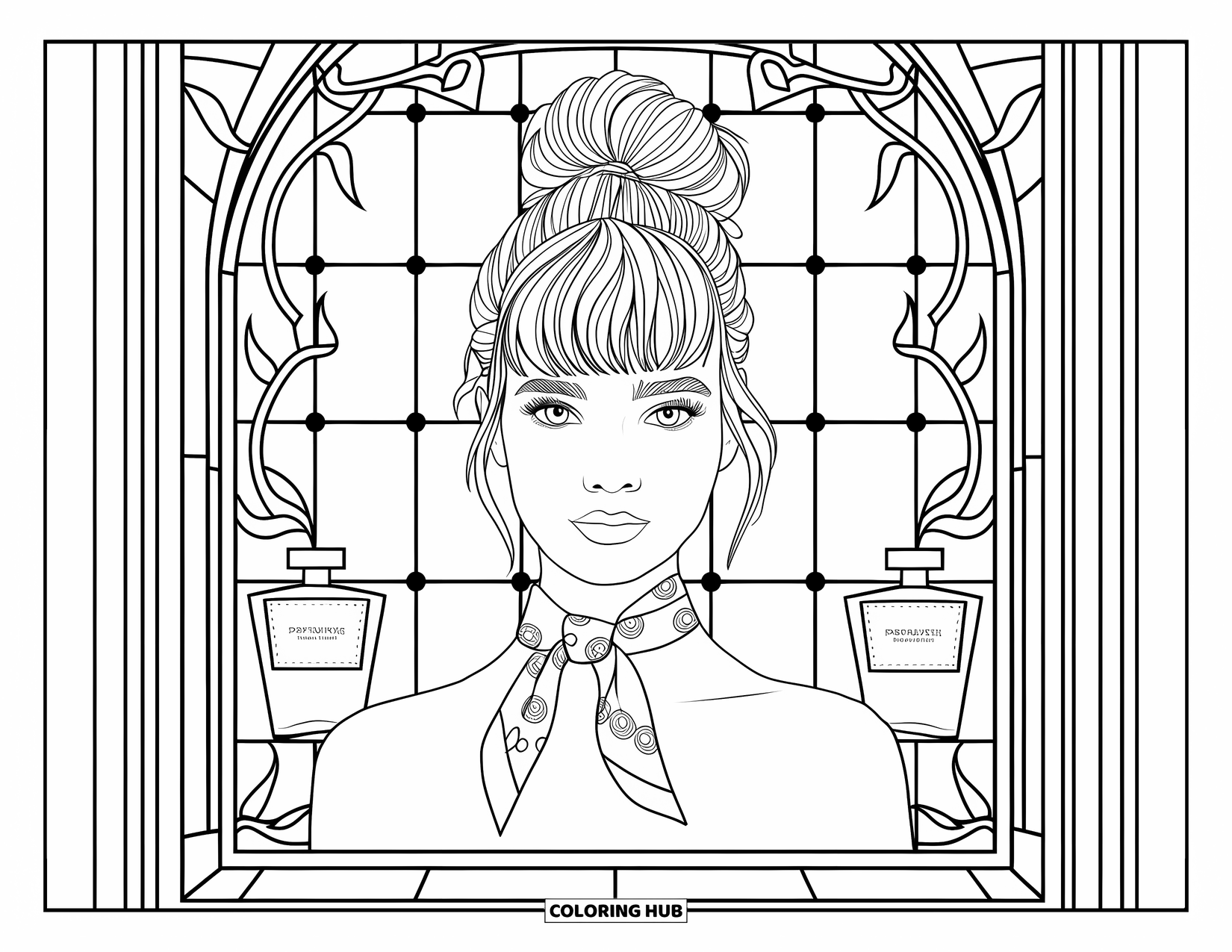 Preppy Girl Coloring Page for Adults: Preppy girl with a bun and silk scarf framed by a stained glass window