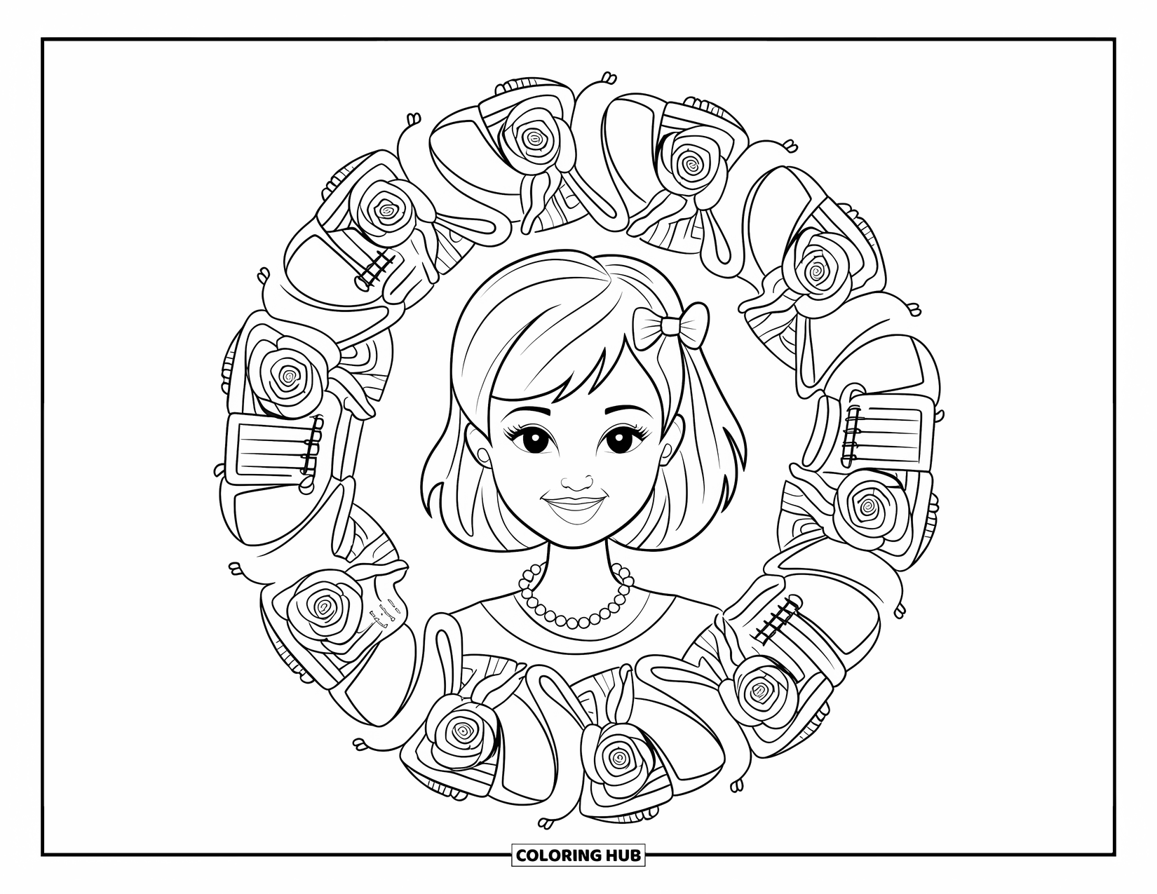 Preppy Girl Coloring Page for Adults: Preppy girl with bow clip and pearls framed by a mandala of roses and ribbons
