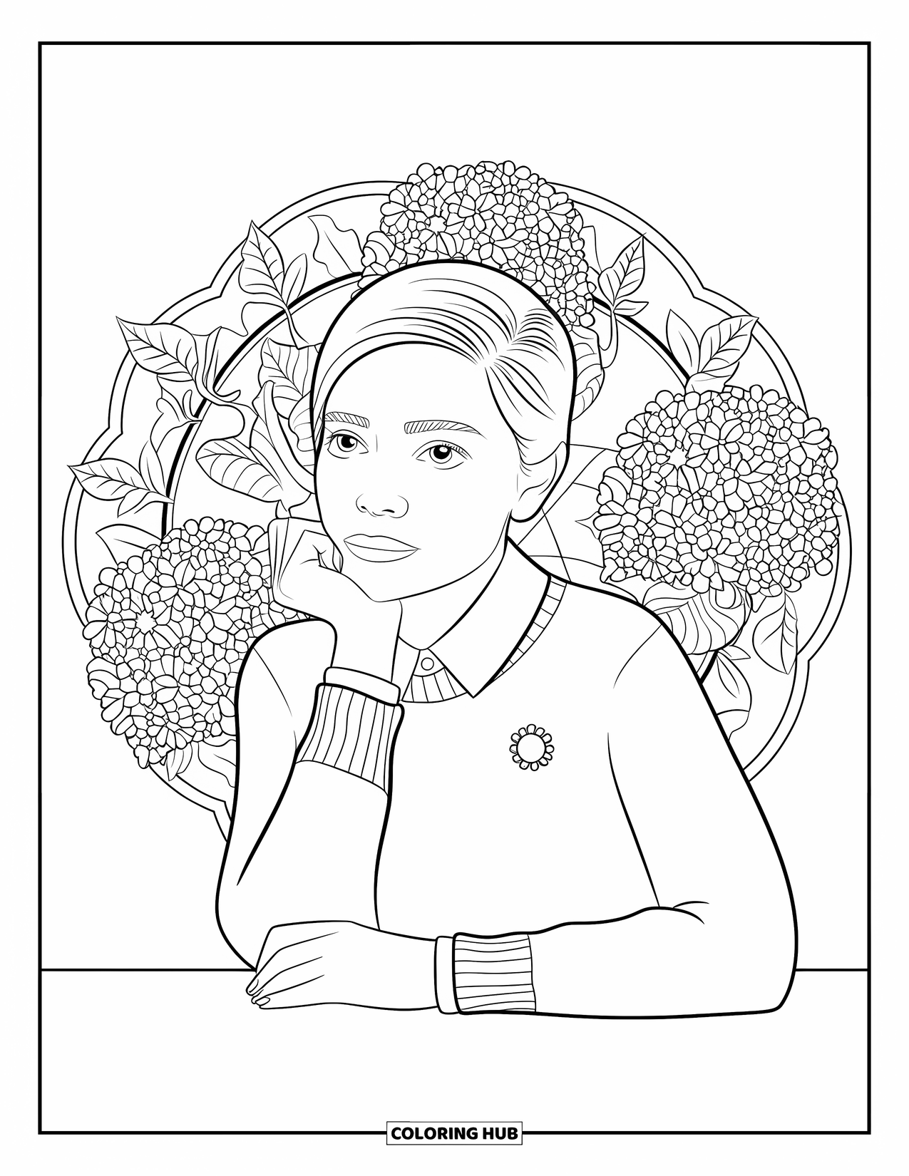 Preppy Girl Coloring Page for Adults: Preppy girl with brooch sweater resting her chin inside a floral mandala