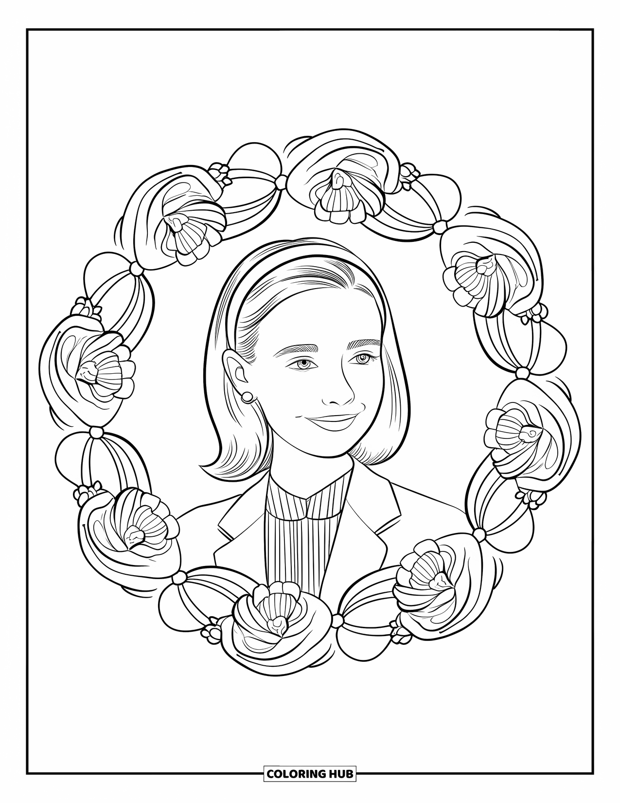 Preppy Girl Coloring Page for Adults: Preppy girl with headband and blazer framed by camellia and bow mandala