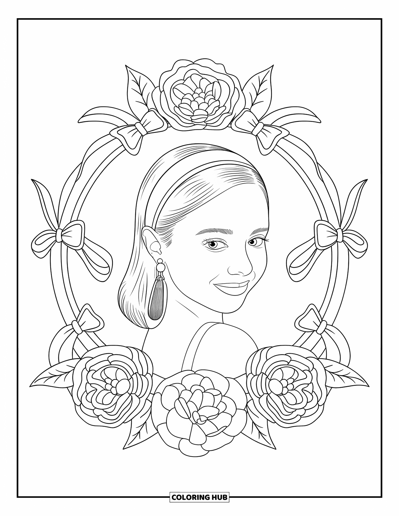 Preppy Girl Coloring Page for Adults: Preppy girl with headband and pearls inside a camellia and bow mandala
