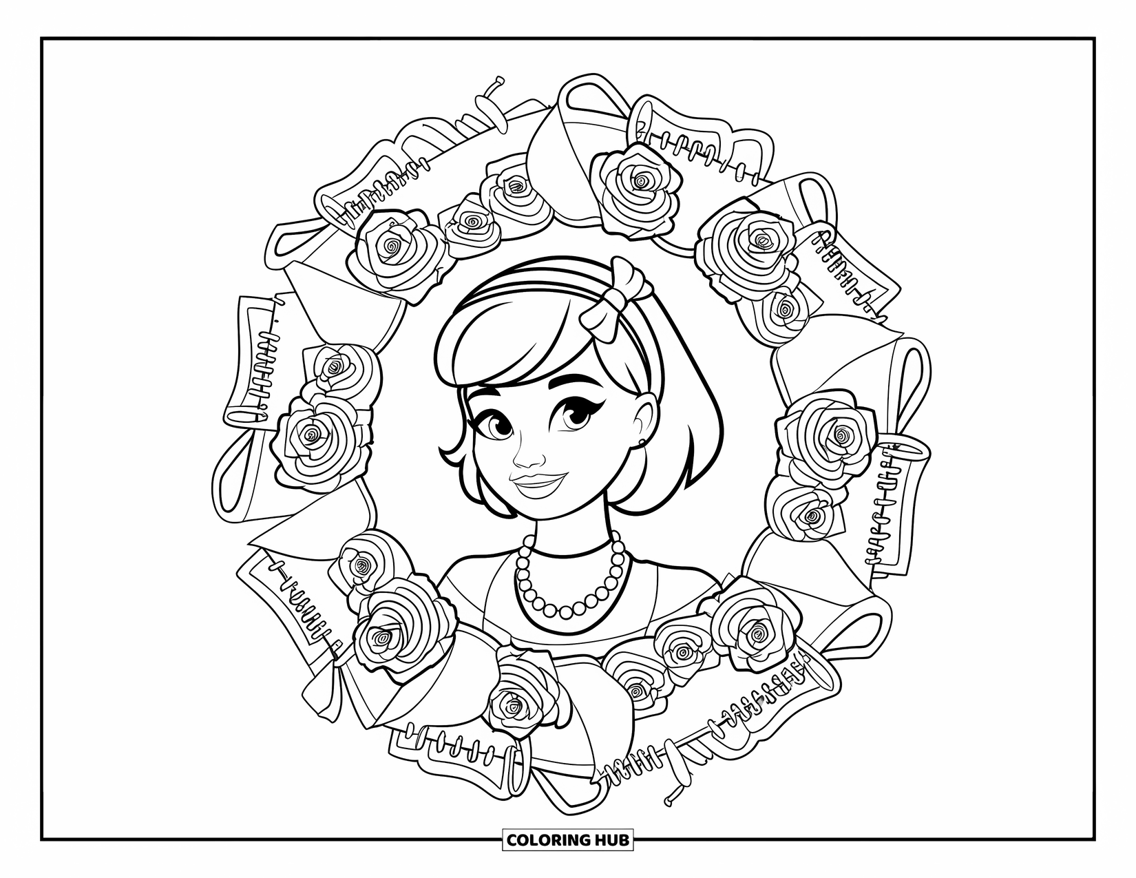 Preppy Girl Coloring Page for Adults: Preppy girl with pearls and bow clip inside a mandala of roses and ribbons