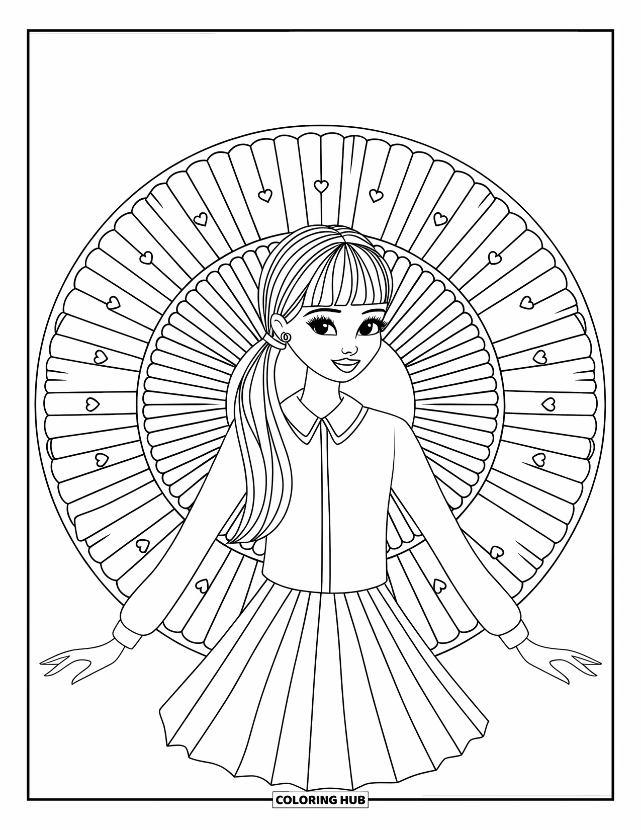Preppy Girl Coloring Page for Adults: Preppy girl with ribbon ponytail framed by pleated folds and hearts