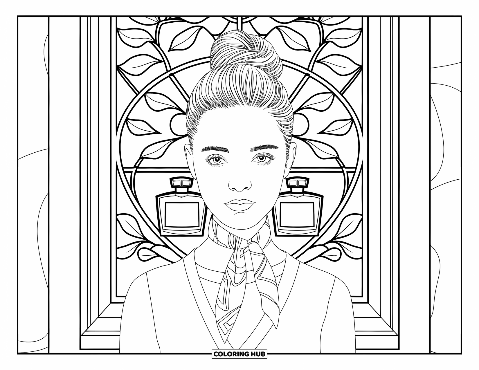Preppy Girl Coloring Page for Adults: Preppy girl with scarf and bun standing before a stained glass window