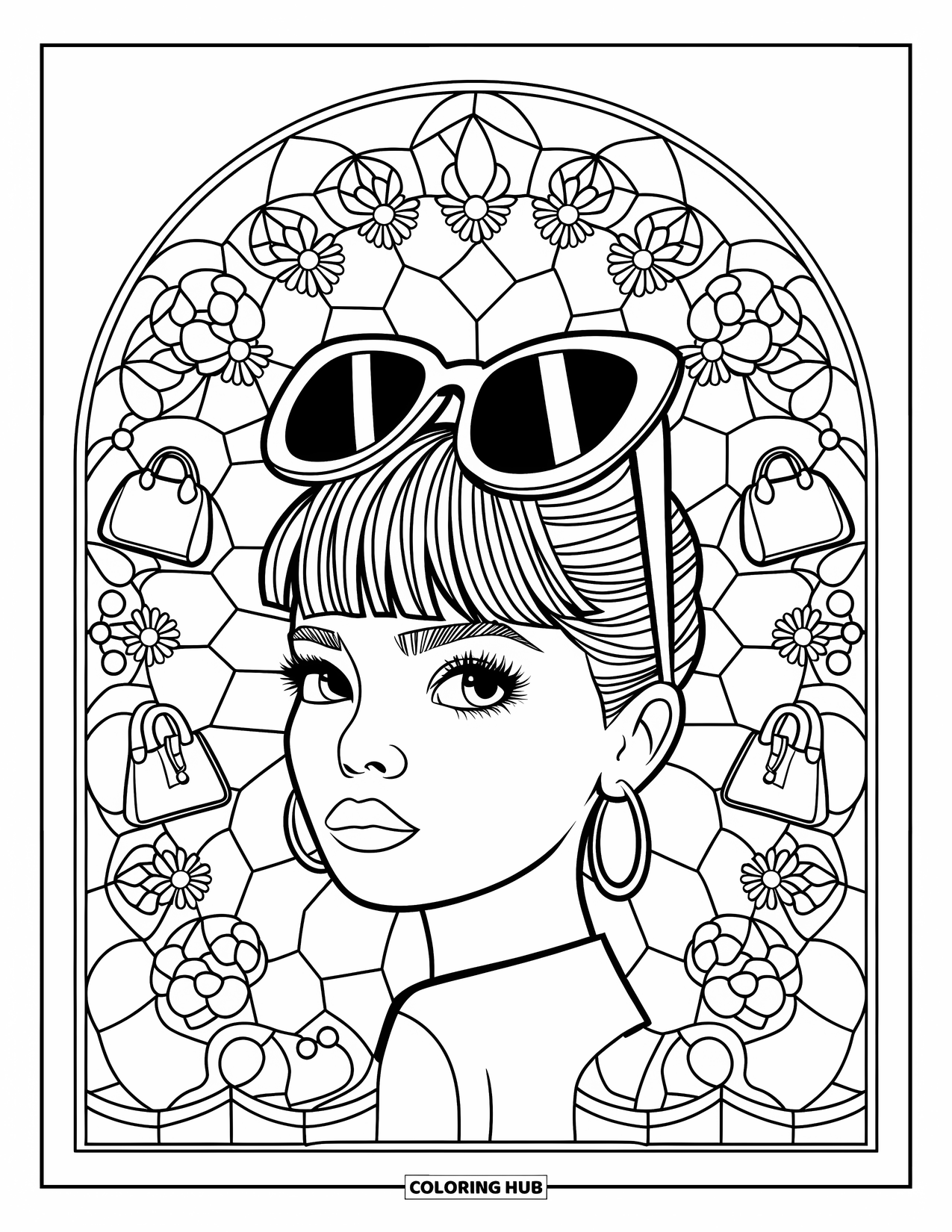 Preppy Girl Coloring Page for Adults: Preppy girl with sunglasses and hoop earrings framed by stained glass handbags