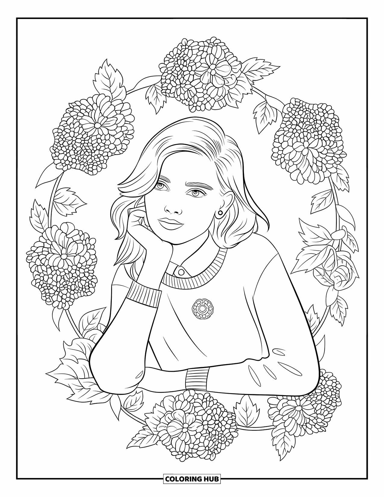 Preppy Girl Coloring Page for Adults: Smiling preppy girl with brooch sweater framed by hydrangeas and ivy