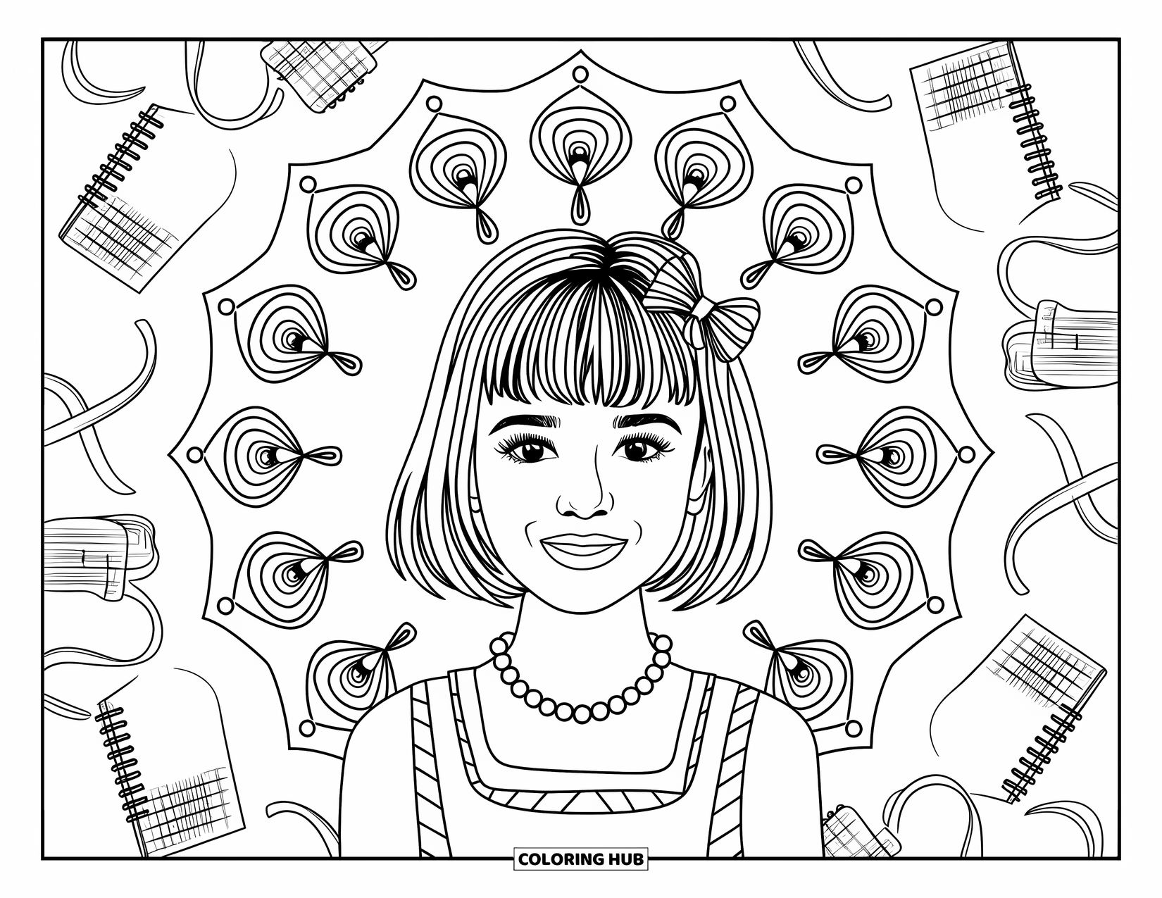 Preppy Girl Coloring Page for Adults: Smiling preppy girl with pearls framed by a rose and ribbon mandala