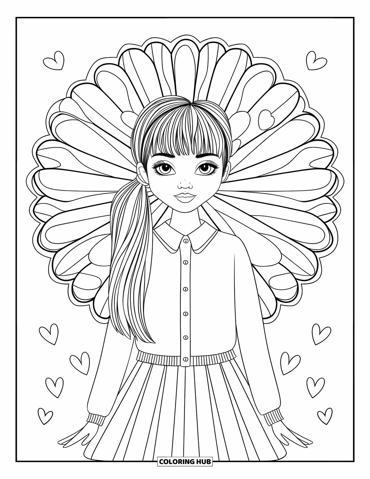 Preppy Girl Coloring Page for Adults: Smiling preppy girl with ribbon ponytail inside a heart and skirt mandala