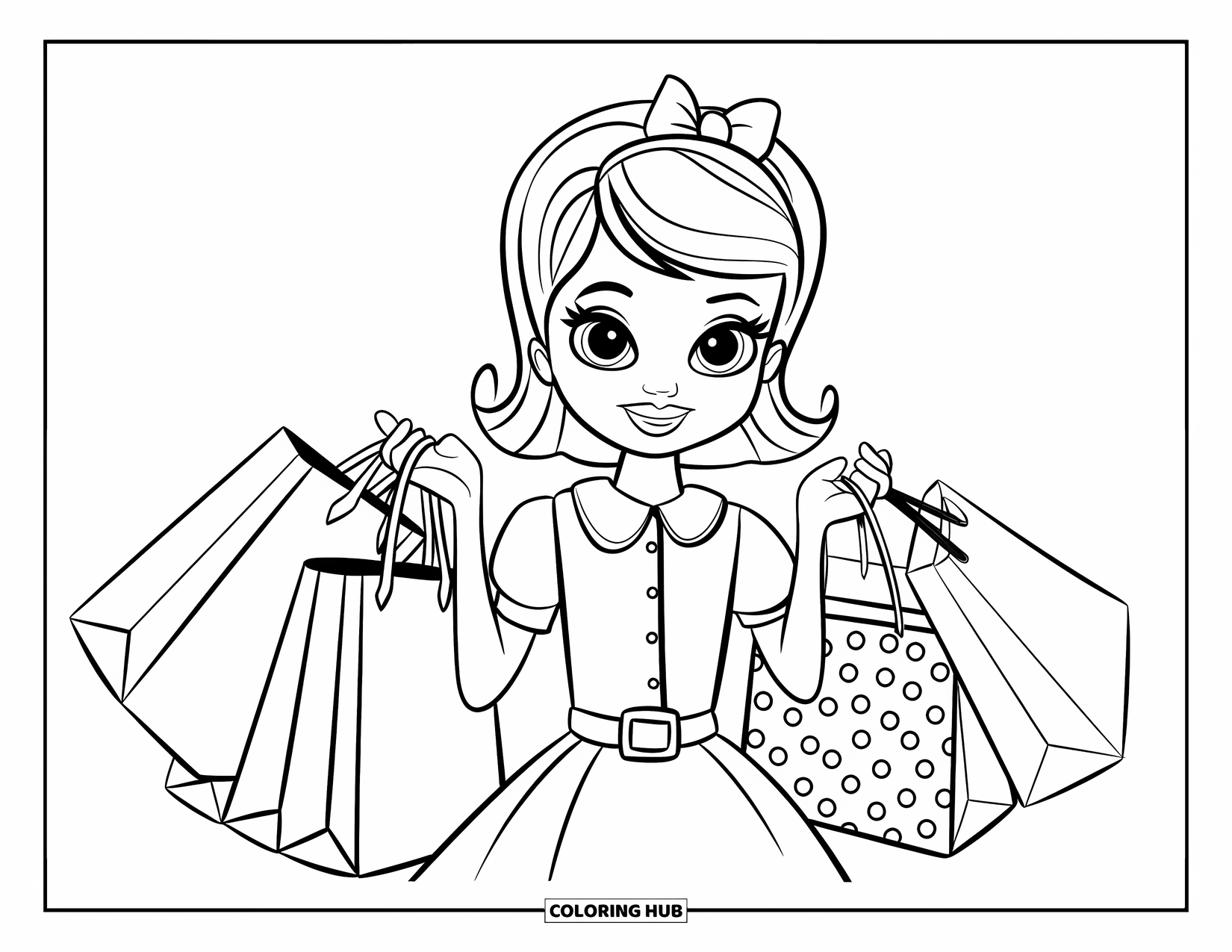 Preppy Girl Coloring Page for Kids: Preppy girl in a dress holding bow-patterned shopping bags