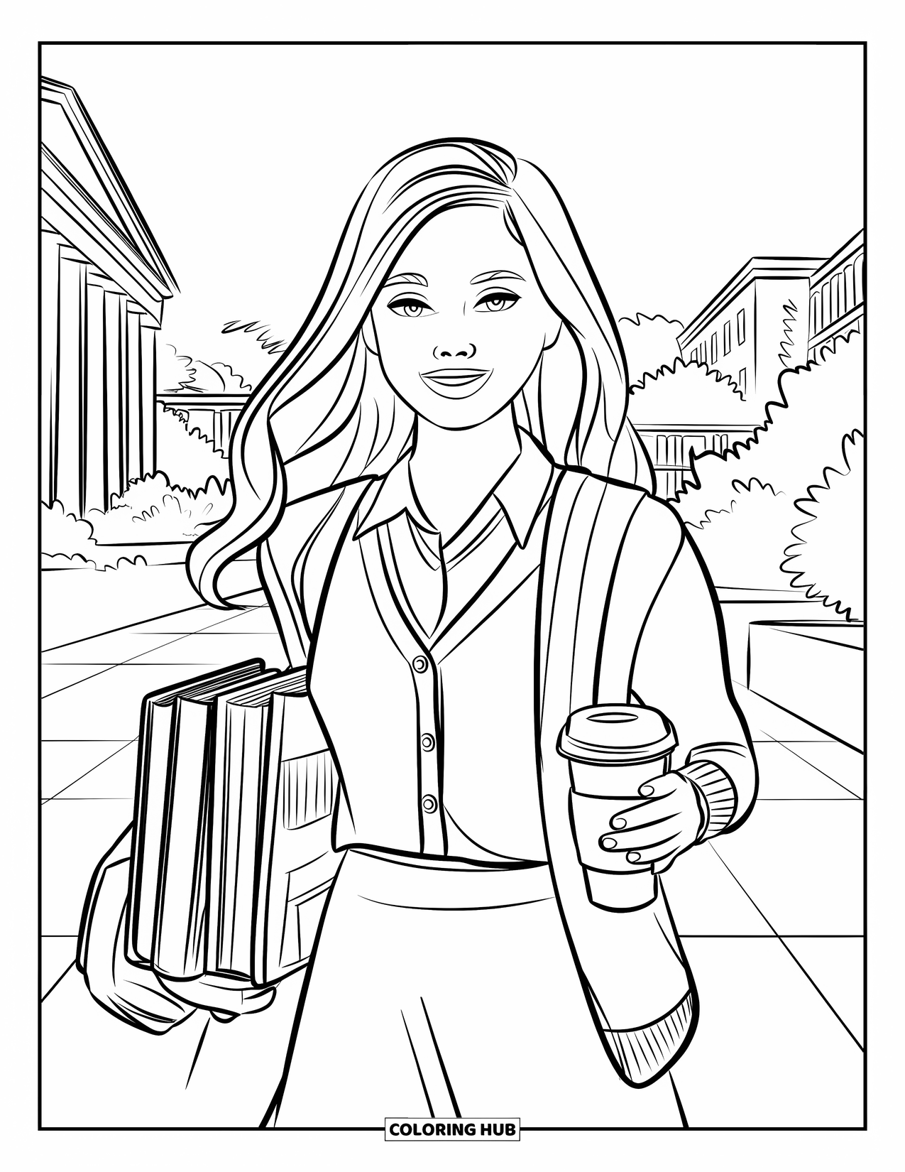 Preppy Girl Coloring Page for Kids: Preppy girl in cardigan and skirt walking through campus
