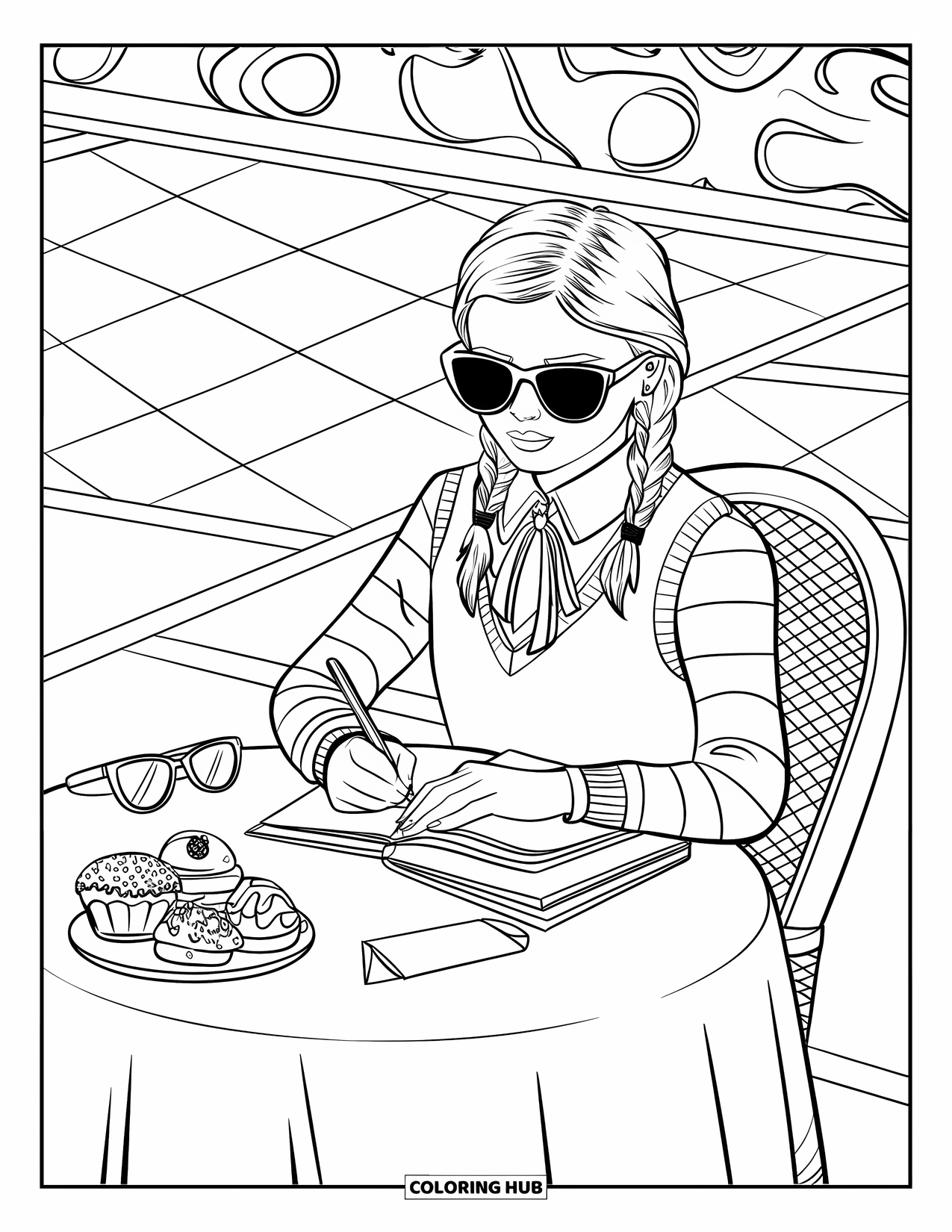 Preppy Girl Coloring Page for Kids: Preppy girl in striped sweater journaling at a café