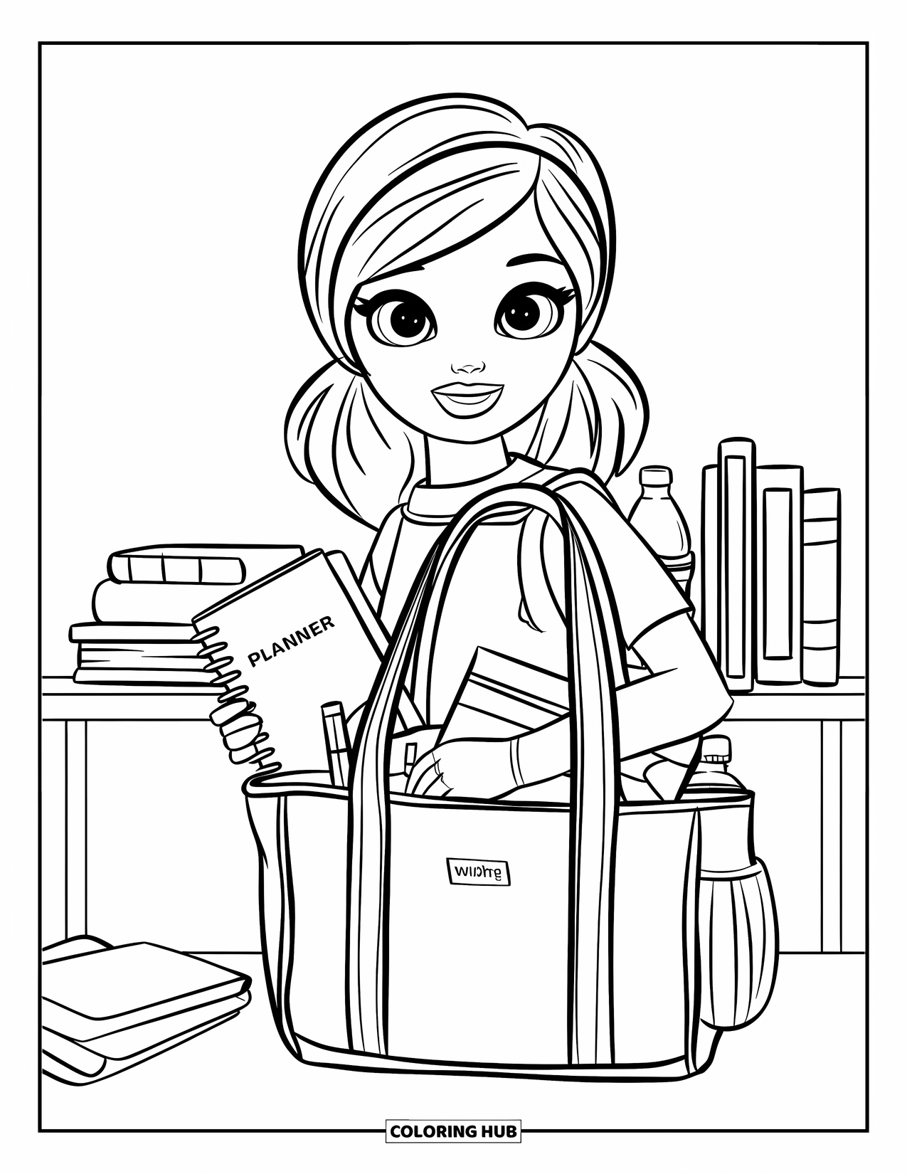 Preppy Girl Coloring Page for Kids: Preppy girl organizing her tote bag in a simple room