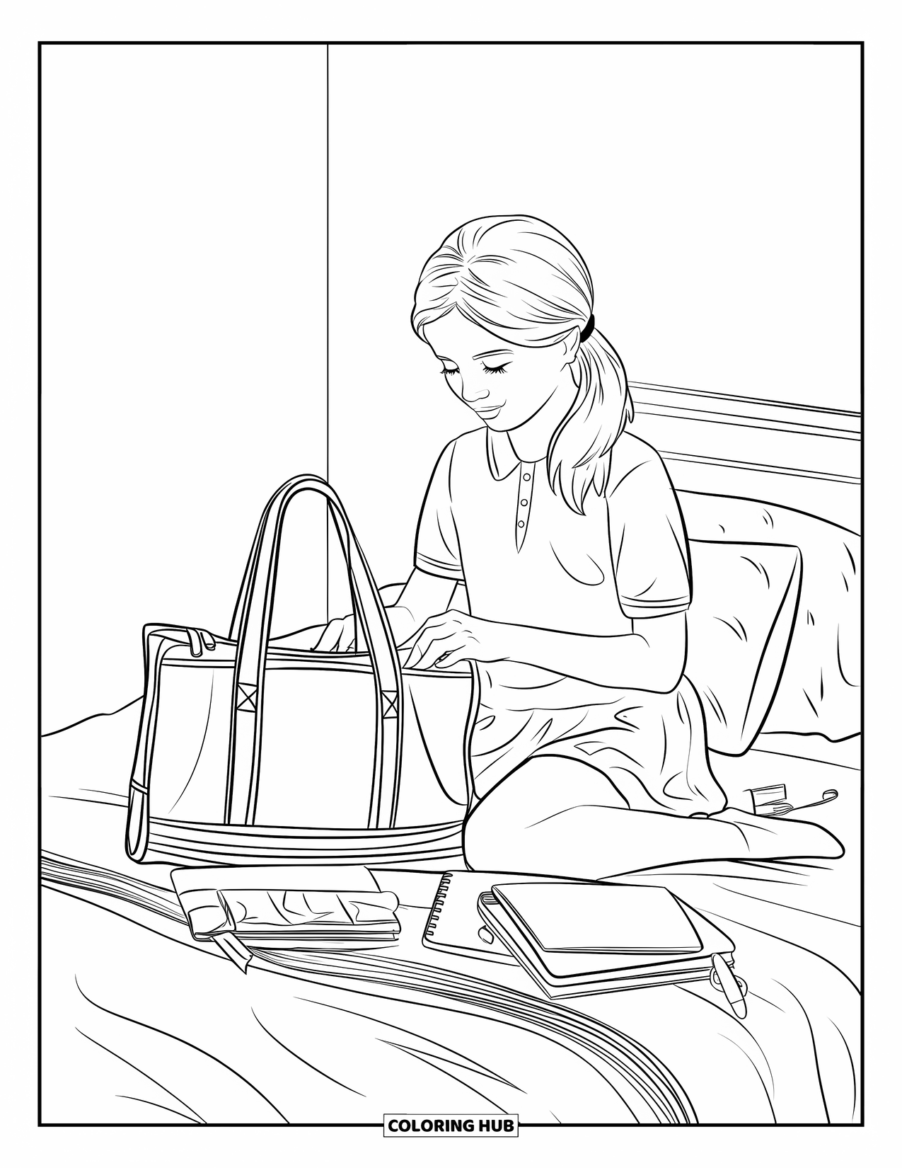 Preppy Girl Coloring Page for Kids: Preppy girl sitting on a bed packing her school tote