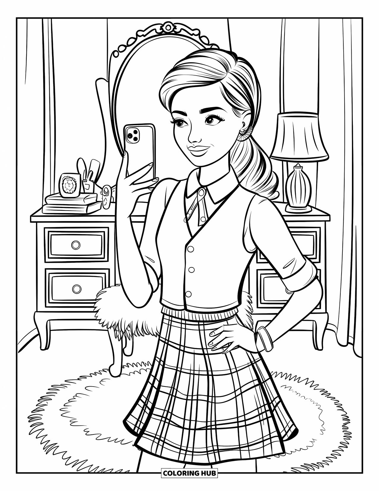 Preppy Girl Coloring Page for Kids: Preppy girl taking a mirror selfie in a stylish bedroom