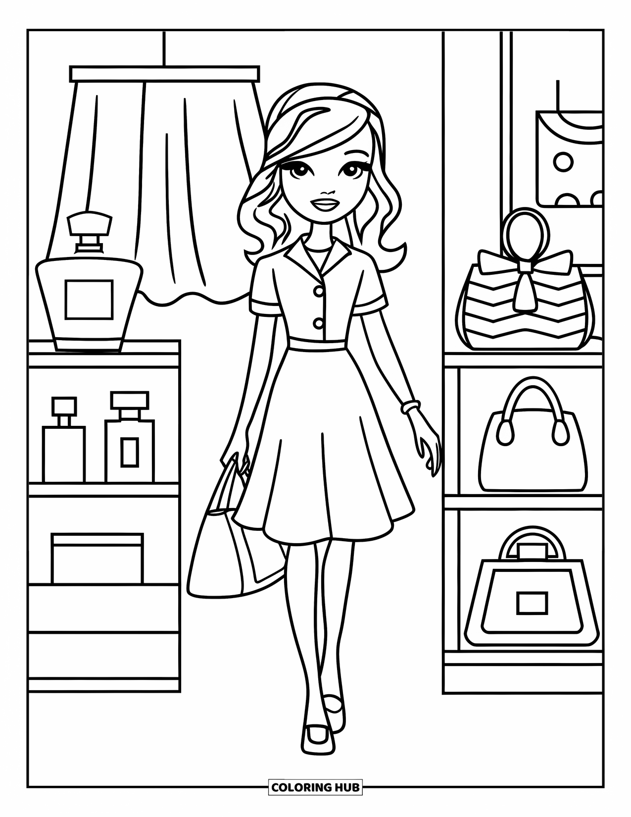 Preppy Girl Coloring Page for Kids: Preppy girl walking through a boutique of perfumes and handbags