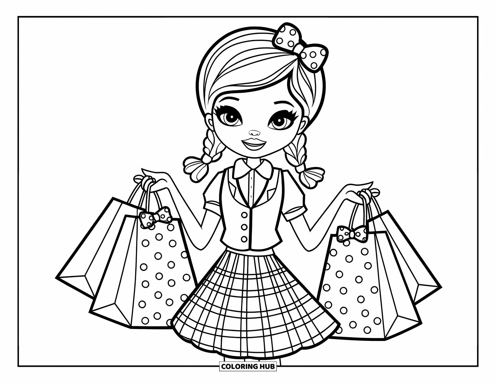 Preppy Girl Coloring Page for Kids: Preppy girl with braids holding shopping bags