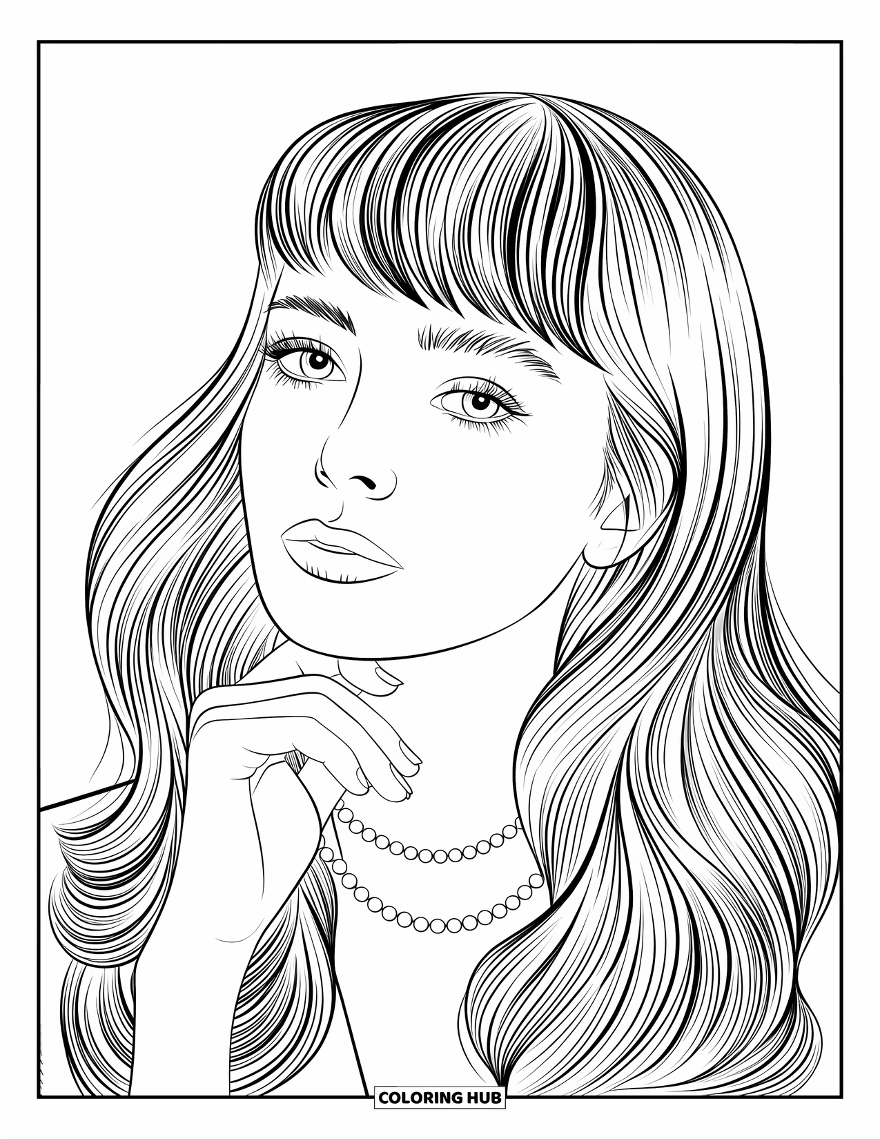 Preppy Girl Coloring Page for Kids: Preppy girl with curtain bangs and a pearl necklace