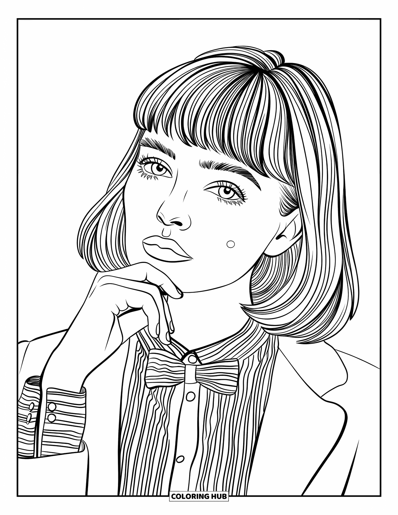 Preppy Girl Coloring Page for Kids: Preppy girl with curtain bangs, pearls, and a blazer
