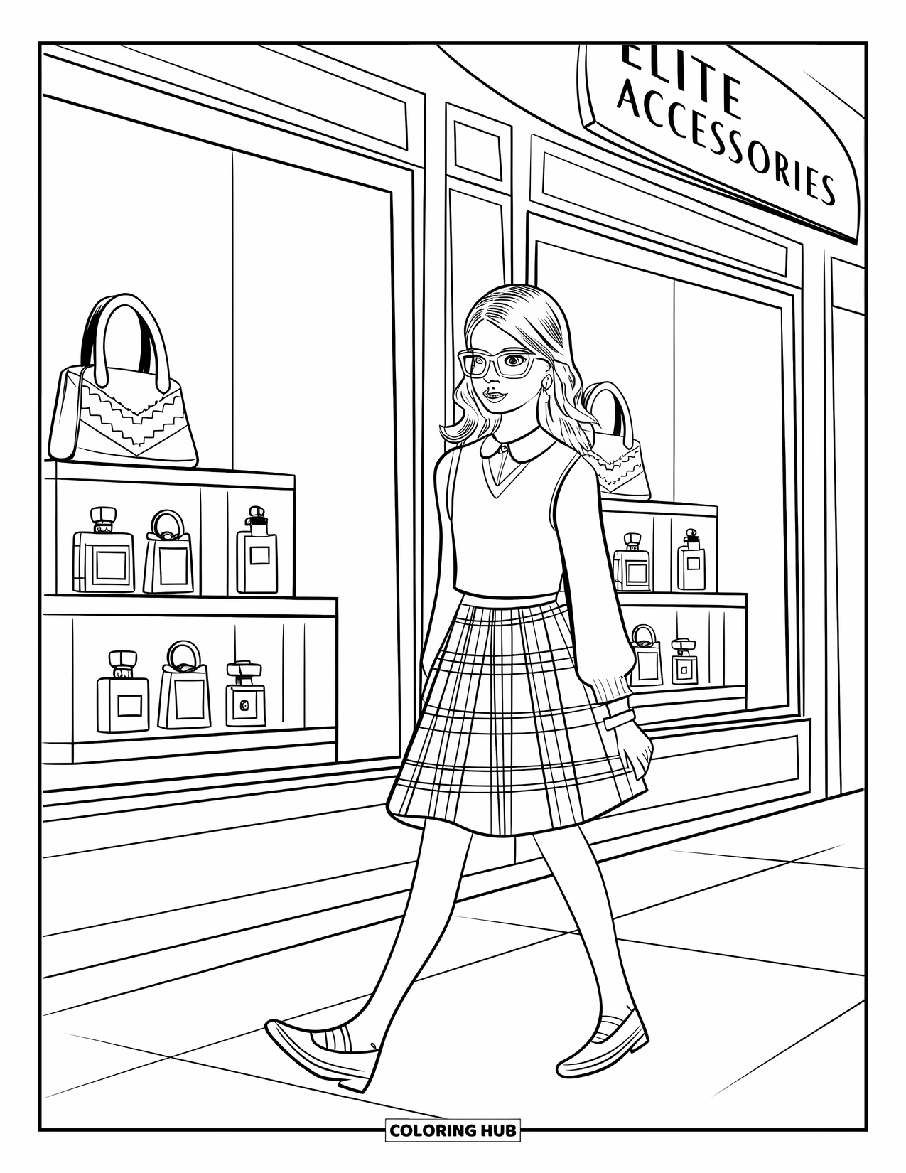 Preppy Girl Coloring Page for Kids: Preppy girl with glasses passing boutique displays of handbags