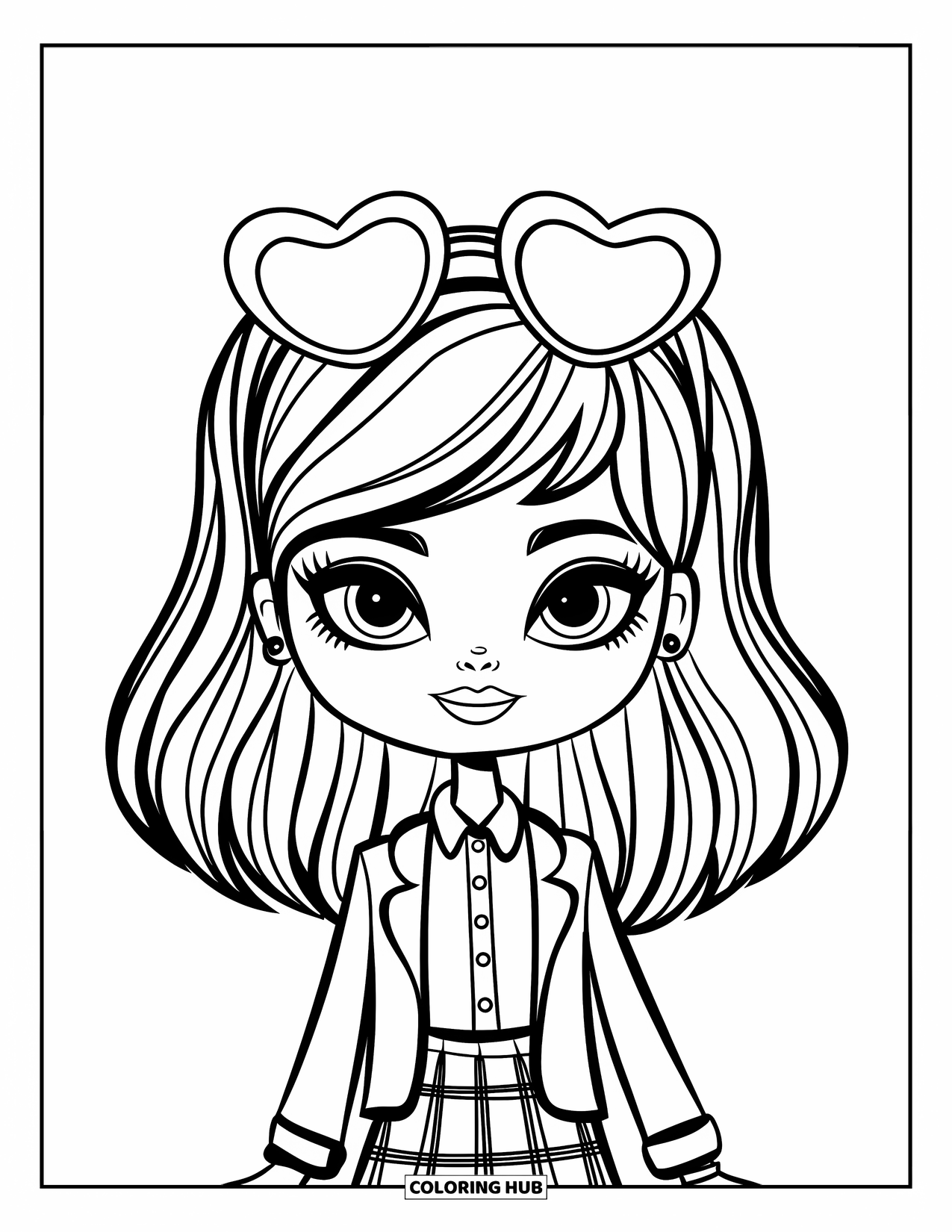 Preppy Girl Coloring Page for Kids: Preppy girl with headband, sunglasses, and a blazer
