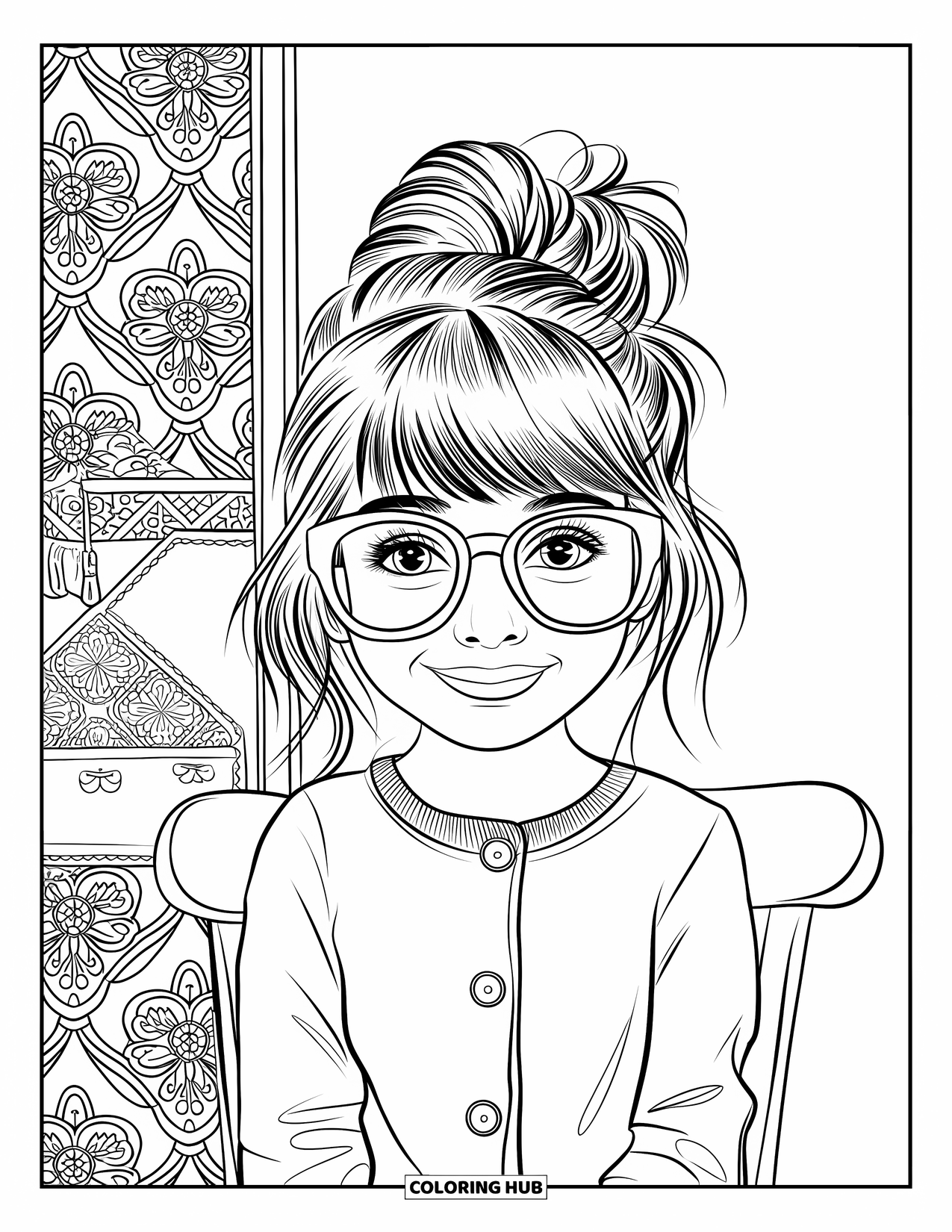 Preppy Girl Coloring Page for Kids: Preppy girl with messy bun and glasses smiling in a cardigan