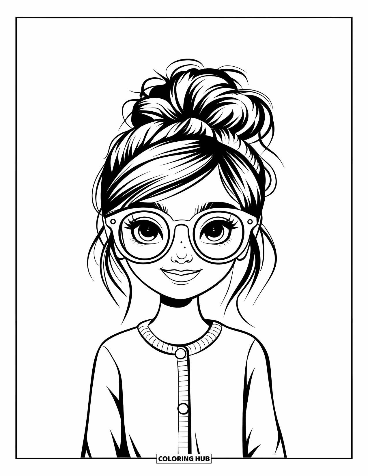 Preppy Girl Coloring Page for Kids: Preppy girl with messy bun and glasses standing happily