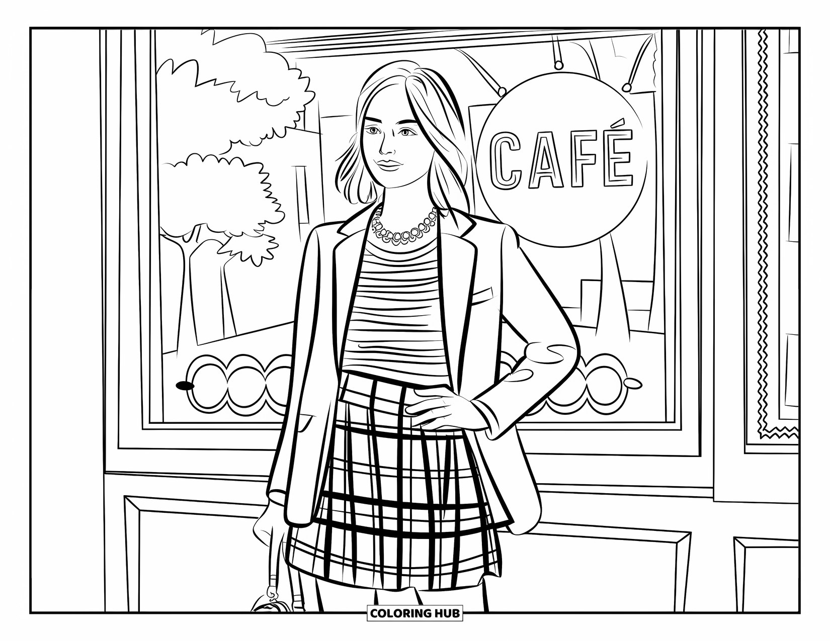 Preppy Girl Coloring Page for Kids: Preppy girl with necklace and purse near café windows