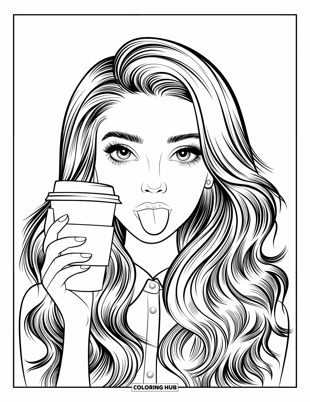 Preppy Girl Coloring Page for Kids: Preppy girl with wavy hair playfully holding a coffee cup