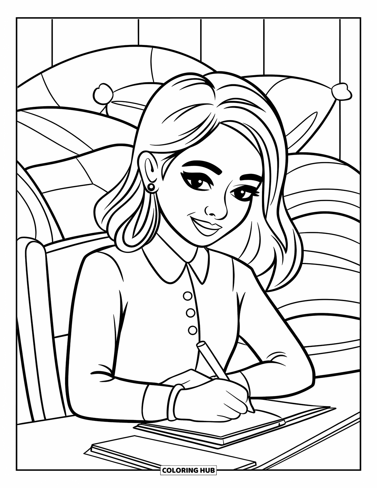 Preppy Girl Coloring Page for Kids: Preppy girl writing in her diary at a desk