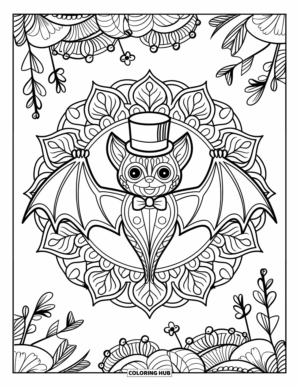 Preppy Halloween Coloring Page for Adults: Bat with a top hat and bowtie, floating in a leafy mandala Halloween scene